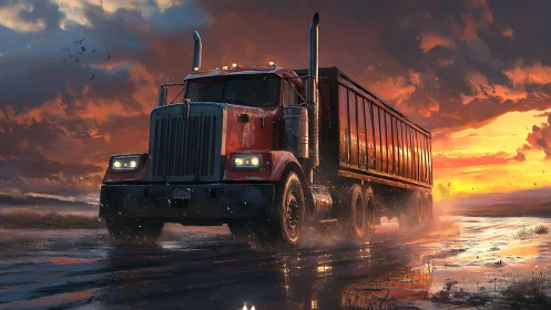 Diesel freight hauler traversing reflective wetland roadway at dusk.