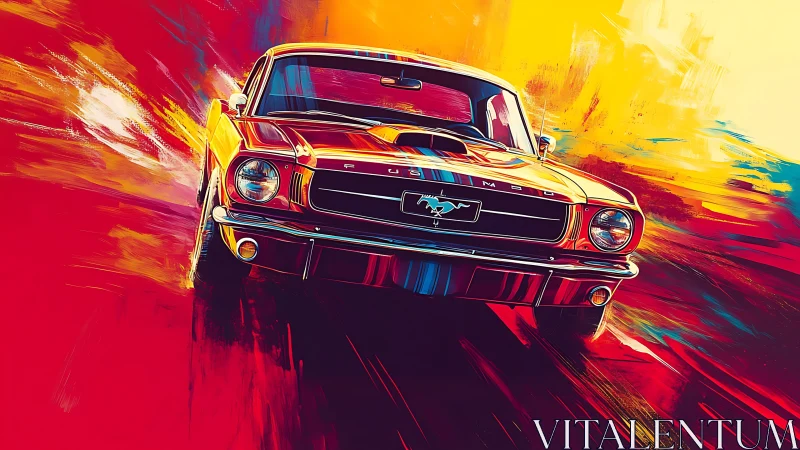 Retro muscle car surges through abstract neon speedscape