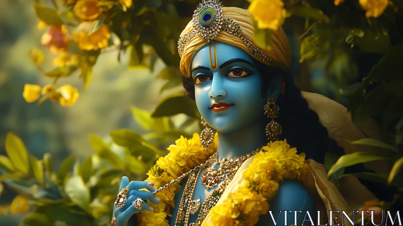 Gentle blue deity amid golden blooms and quiet forest light.