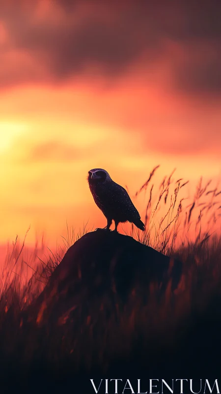 Owl silhouette crowns dusk hill under molten sky glow.
