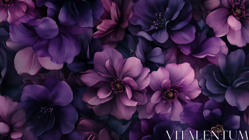 Purple peonies clustered in dramatic botanical arrangement.