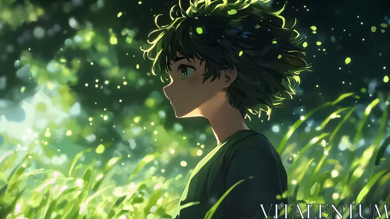 Anime boy in side profile stands in glowing green meadow