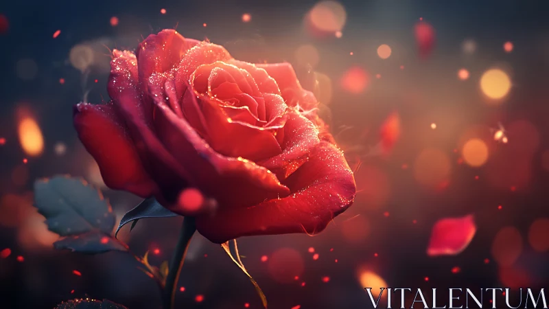 Illuminated Red Rose with Prismatic Bokeh and Particle Effects Rendering