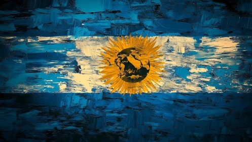 Brushstroked Argentine flag with radiant global sun.