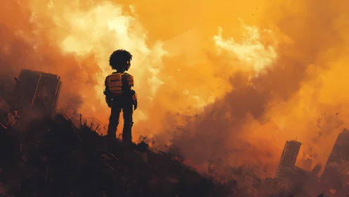 Solitary child explorer surveys burning postwar cityscape.