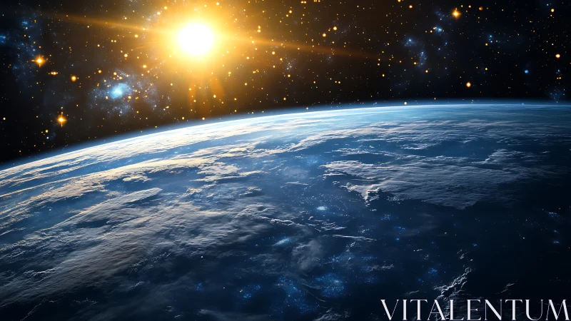 Sunlit Earth curvature shown from low orbit above clouds