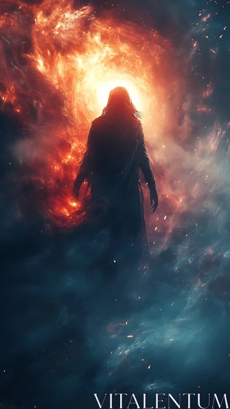 Mystical wanderer walks toward a blazing cosmic gateway.