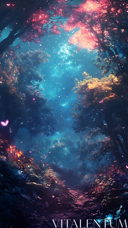 Digital landscape depicting forest path with luminescent elements.