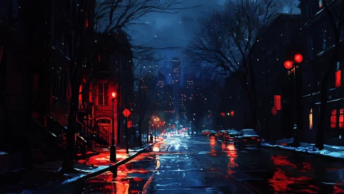 Rain-soaked city street glows with red lights on a winter night