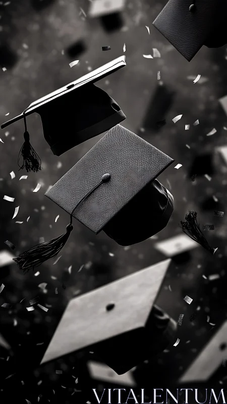 Black graduation caps tossed in air with flying confetti.