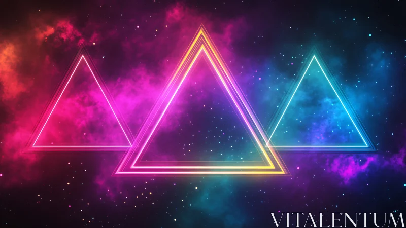 Neon gradient triangles float across cosmic starfield backdrop.
