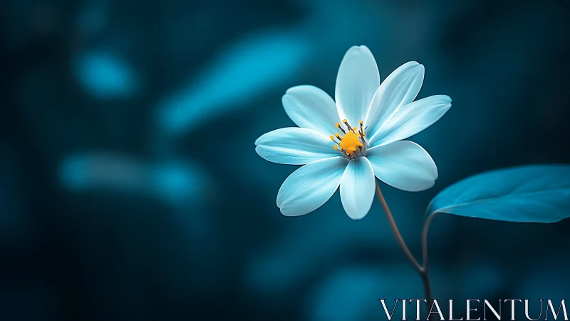 Pale Blue Cosmos Flower with Golden Stamen Against Dark Teal Background