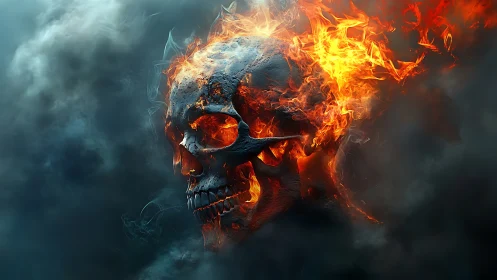 Flaming skull engulfed in smoke with vivid infernal glow.