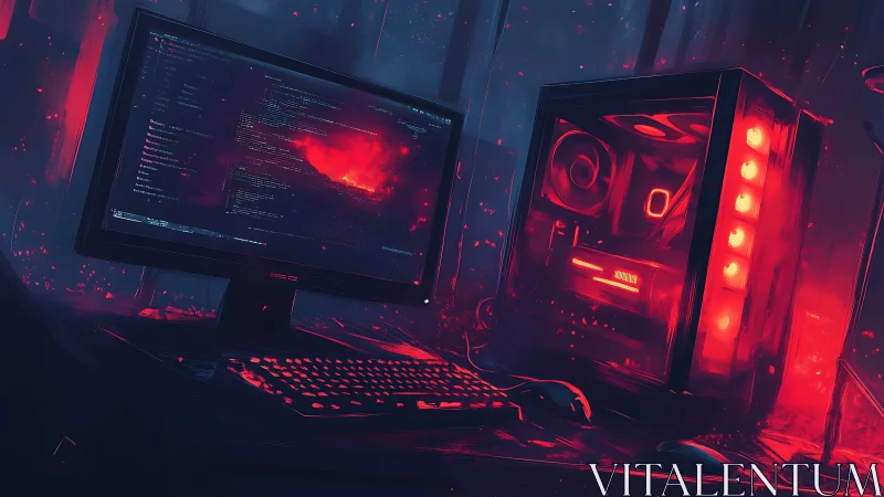 Cyberpunk coding workstation under neon red glow.