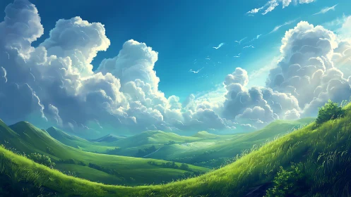 Digital landscape shows rolling green hills under cumulus clouds