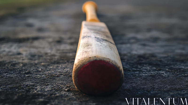 Weathered wooden cricket bat rests on rough pitch surface.