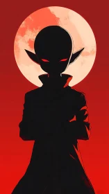 Silhouetted alien figure against scarlet lunar backlight.