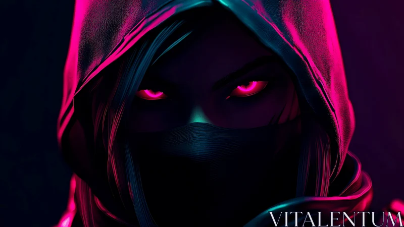 Neon hooded assassin blazing through electric midnight shadows.