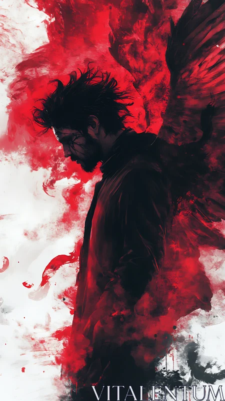 Brooding dark angel walks through swirling crimson storm