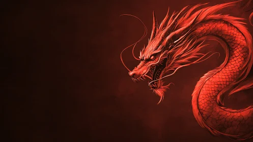 Fiery red dragon coils against dark smoke-filled void.