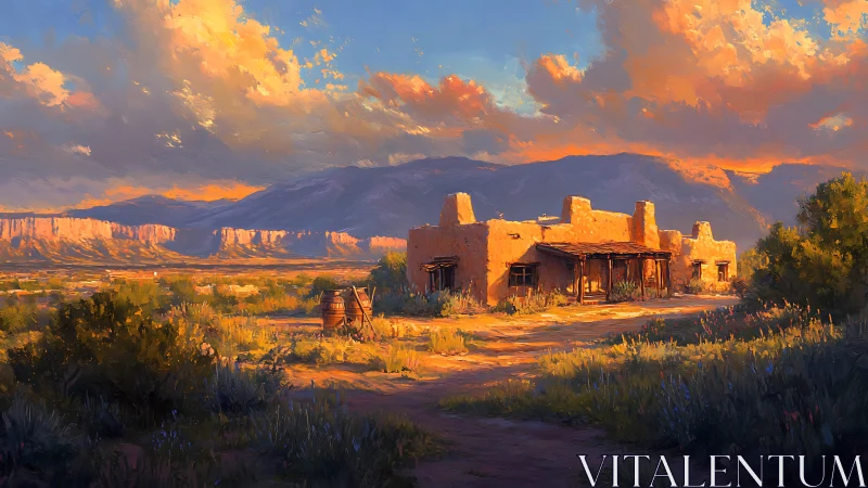 Adobe desert dwelling before distant mesa and mountains.