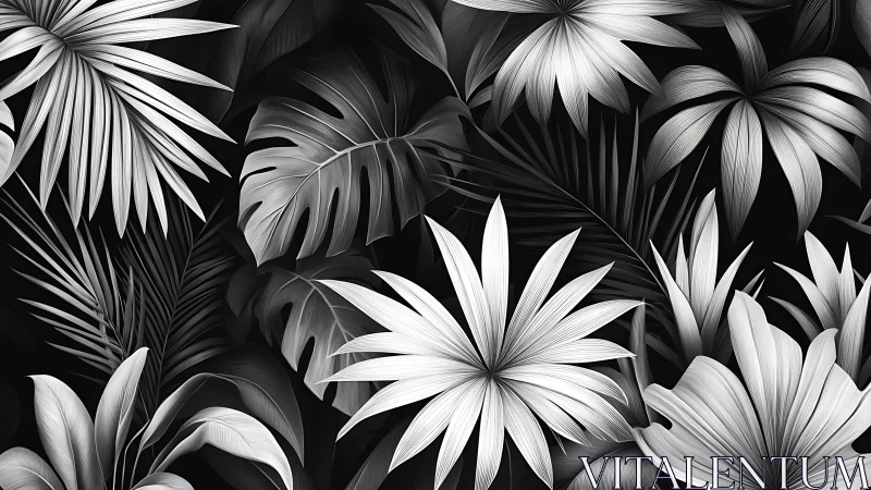 Monochrome tropical foliage creates dense layered pattern