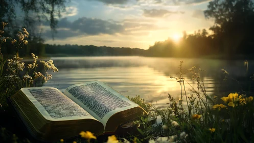 Sunlit open book lies lakeside amid wildflowers at golden hour