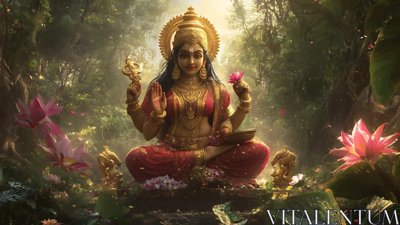 Golden goddess sits in lush forest clearing amid lotus bloom