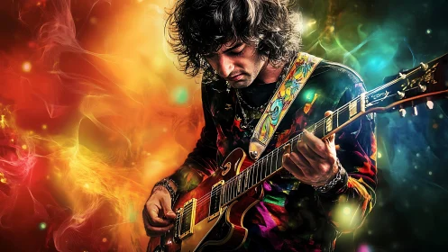 Electric guitarist framed by vivid bokeh and chromatic swirls.