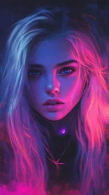 Neon oracle girl between electric dusk and midnight glow.