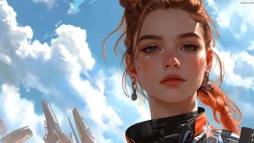Red haired skyward pilot in sleek sci fi armor portrait.