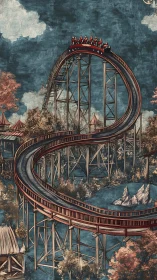 Whimsical roller coaster curling through a dreamy sky park.