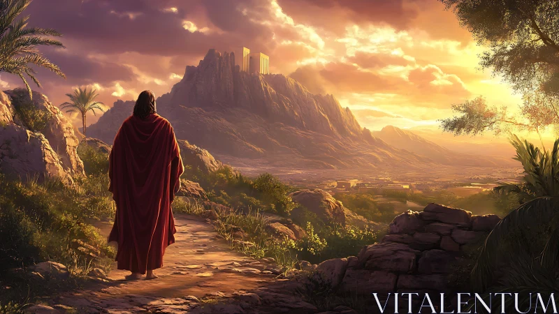 Figure in red cloak walks toward distant mountain temple