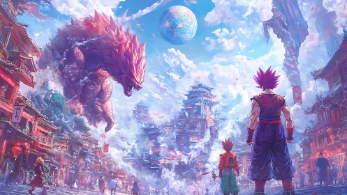 Warrior confronts colossal beast above neon sky city