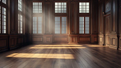 Golden afternoon light warms a grand empty wooden hall