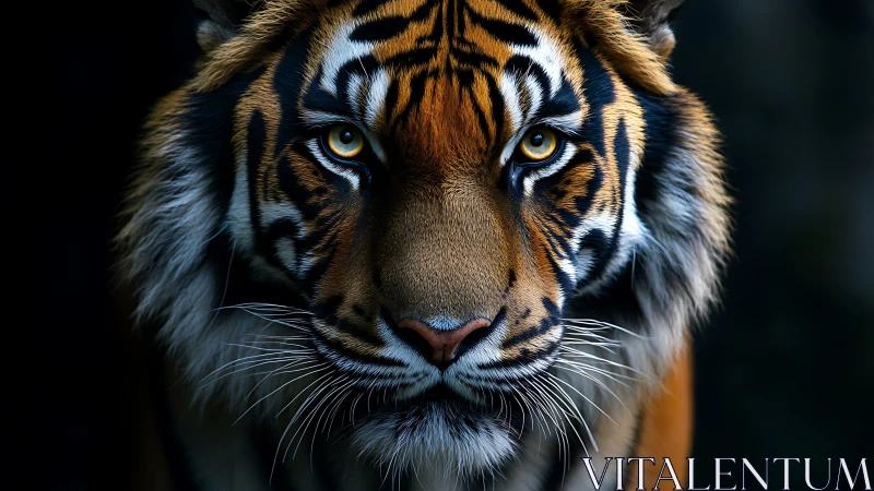 Tiger eyes lock in a dramatic, shadowed close-up portrait.