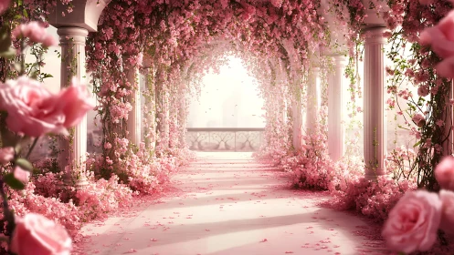 Pink Floral Archway with Classical Columns and Petals.