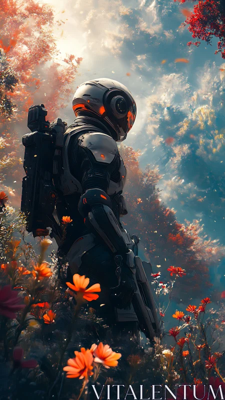 Armored figure surveys dense floral terrain under diffused sky