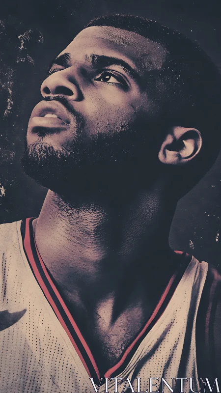 Portrait of basketball athlete in dramatic upward gaze.