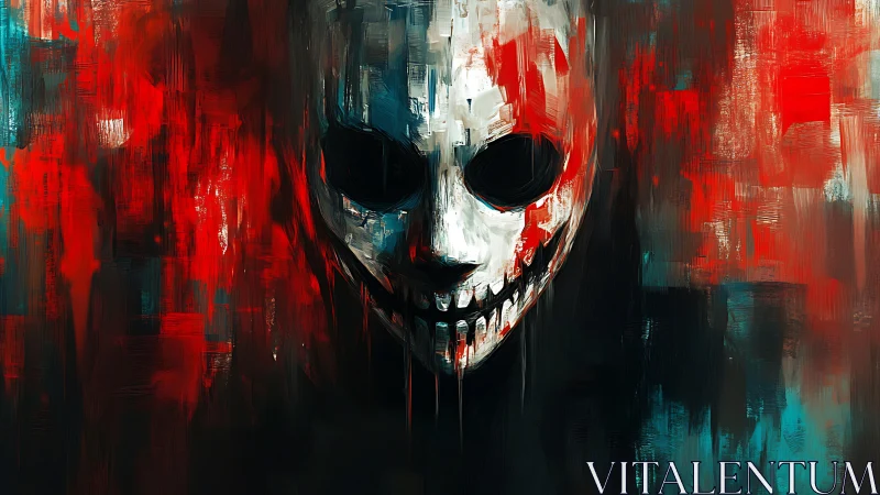 Grinning skull mask emerges from abstract red teal brushstroke field