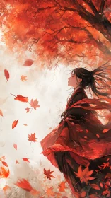 Autumn warrior in crimson kimono beneath swirling maple canopy.