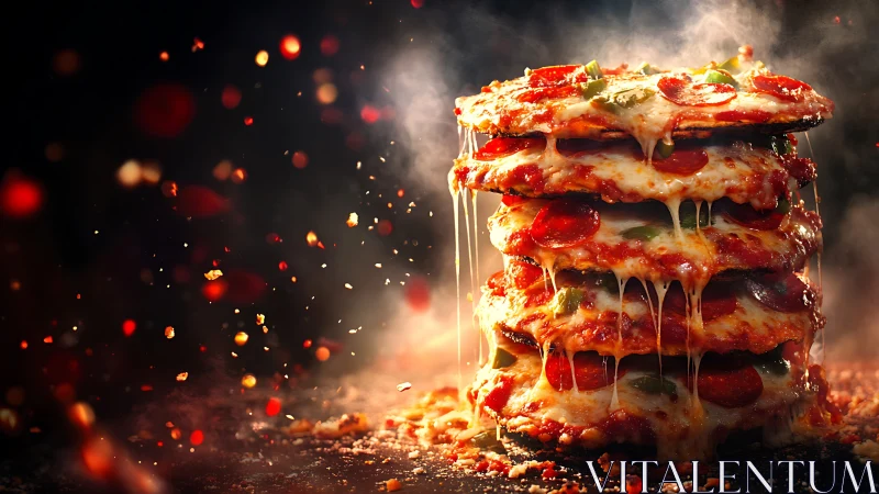 Photorealistic molten cheese pizza tower with cinematic lighting.