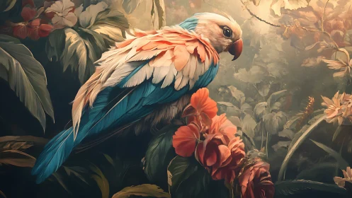 Parrot with layered plumage amid dense tropical florals.