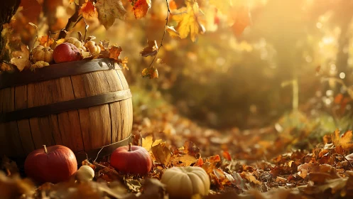 Rustic autumn harvest barrel with pumpkins in golden light.