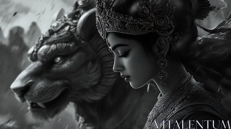 Regal warrior princess in ornate profile with spectral lion.