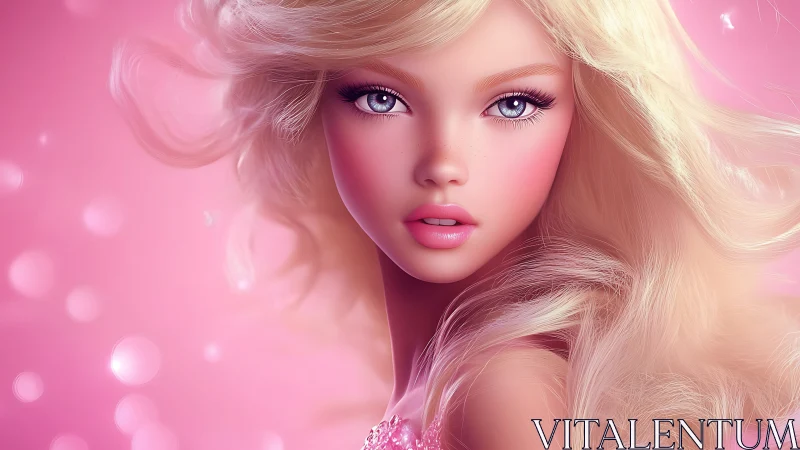 Glamorous blonde doll portrait glows in dreamy pink light