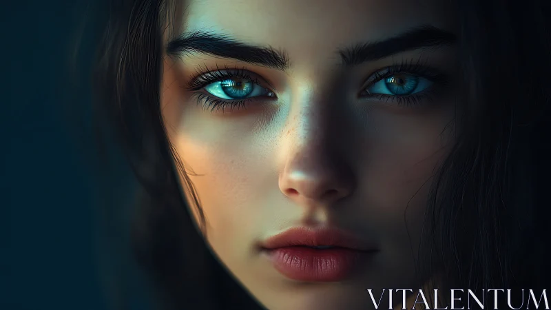 Glimmering blue eyes meet soft light in a calm portrait