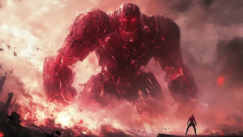 Colossal red mech emerges from apocalyptic battlefield haze