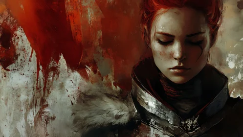 Battle-scarred red-haired warrior in abstract chromatic shrapnel.