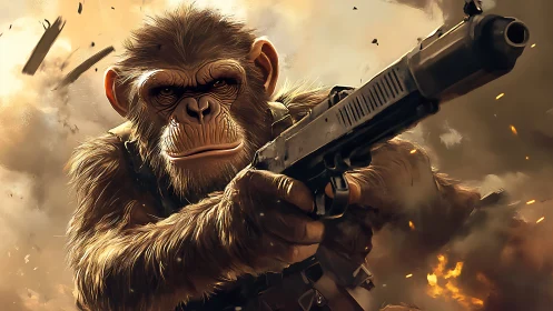 Digitally rendered ape holds firearm amid dispersed debris